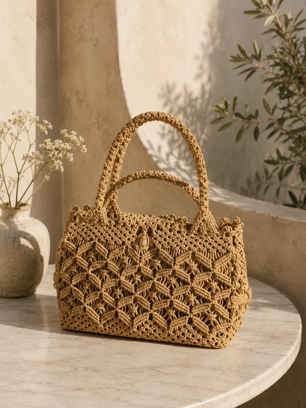 Vintage Handwoven Macramé Top Handle Bag Coastal‎ Boho Woven Handbag ✨
